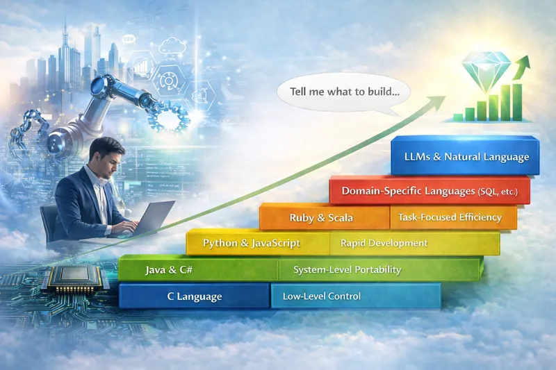 Tech startup founder building software with AI agents, symbolizing the new abstraction layer in programming.